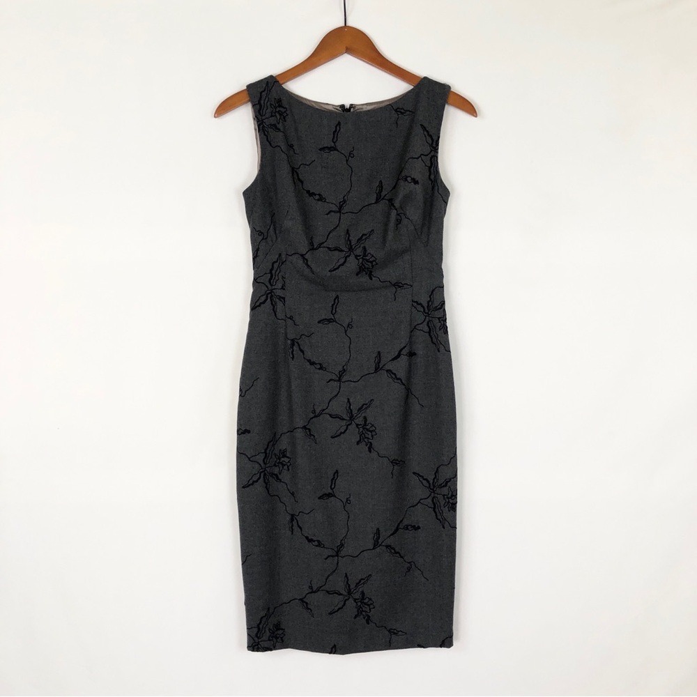 The Wrights Wool Floral Shift Midi Dress‎ Gray Black Sleeveless Size 4 USA